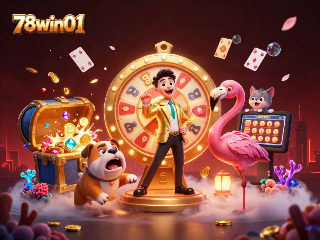 Engage with the vibrant 78win01 scene featuring a flamingo host spinning a prize wheel with treasures.