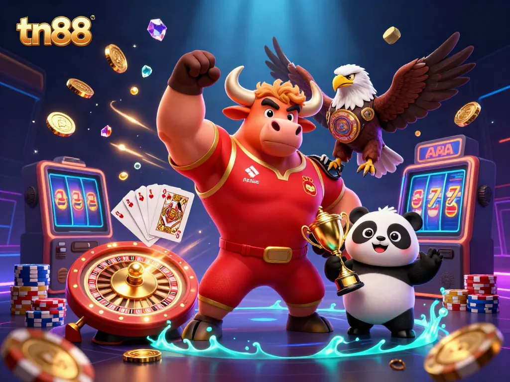 Win big with tn88 in this dynamic illustration featuring casino mascots and vibrant gaming elements.