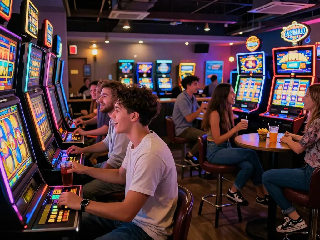 Friends enjoying a lively slot game session in a vibrant gaming lounge with neon lights.