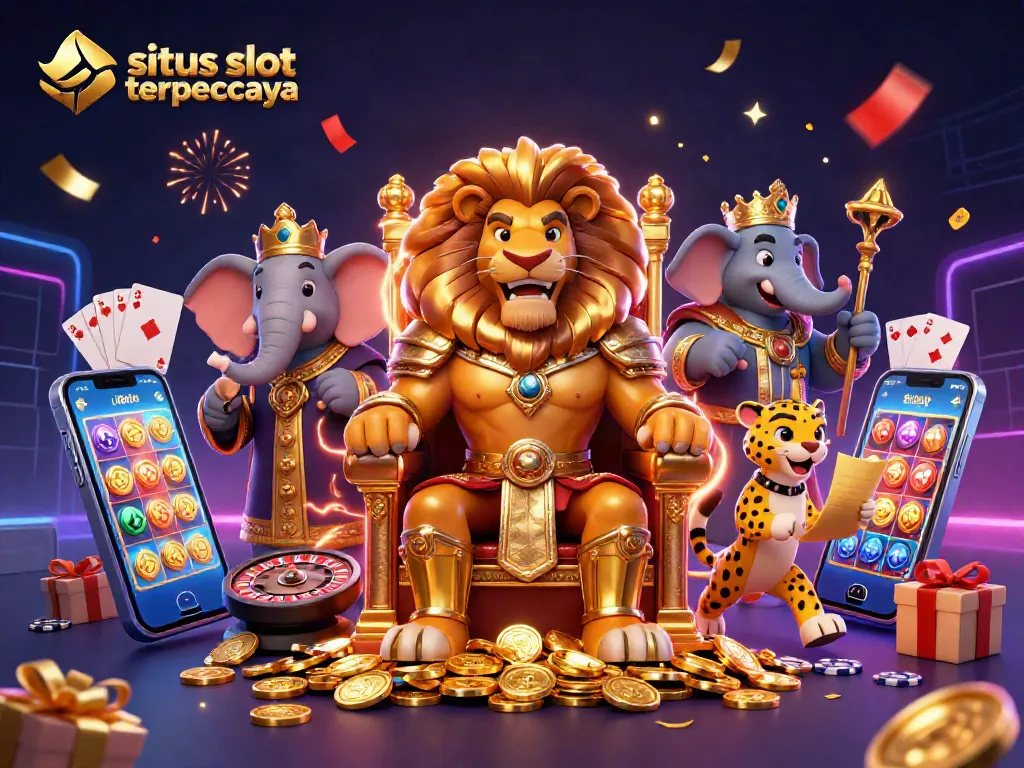 Engage with situs slot terpercaya as a majestic lion king presides over slots gaming with vibrant 3D casino elements.