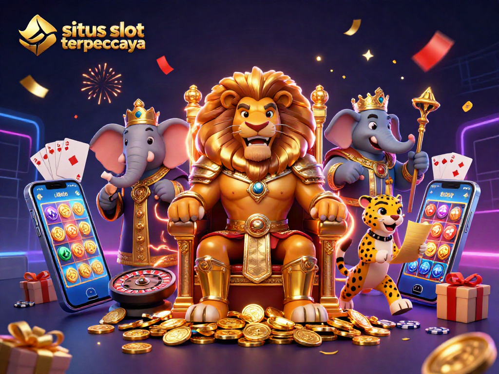 Engage with situs slot terpercaya as a majestic lion king presides over slots gaming with vibrant 3D casino elements.