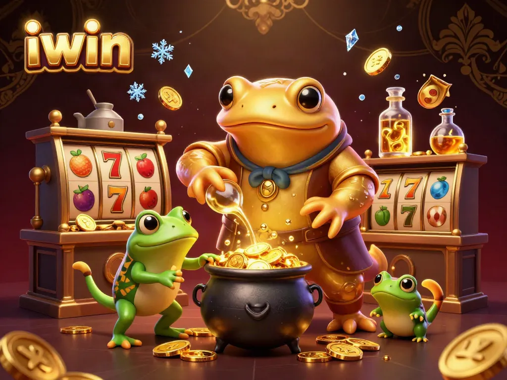 Play exciting games and increase luck with iwin's engaging slot reels and gold coins in a vibrant illustration.