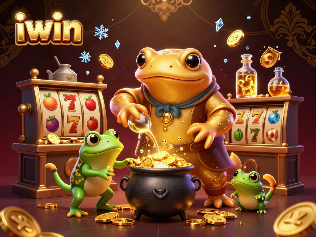 Play exciting games and increase luck with iwin's engaging slot reels and gold coins in a vibrant illustration.