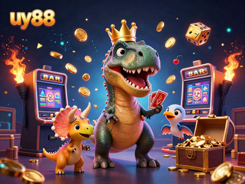 Experience thrilling gameplay at uy88 with a lively 3D illustration of casino elements and playful dinosaurs.