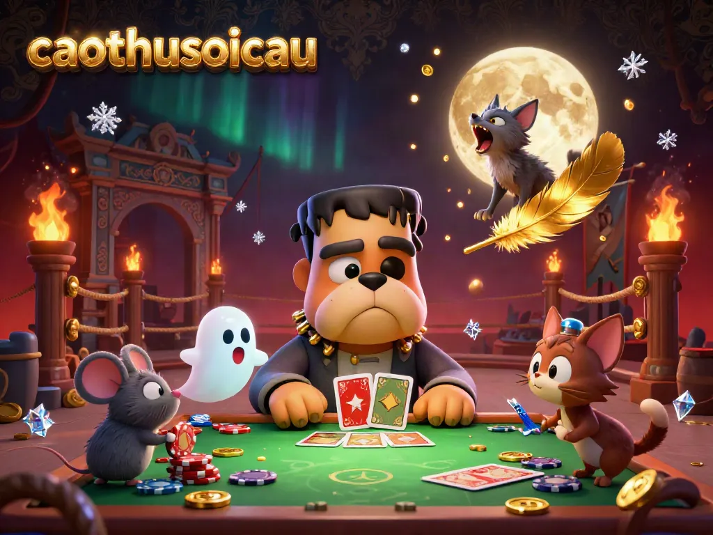 Experience caothusoicau with the Frankenstein bulldog monster dealing cards at a haunted casino table.