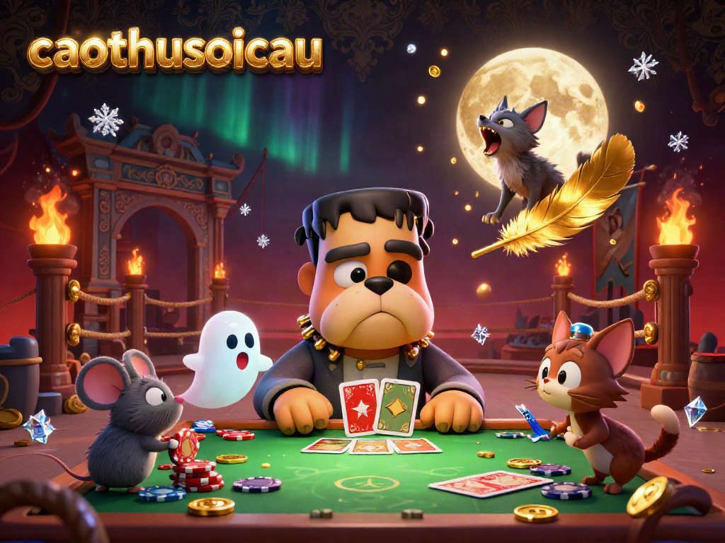 Experience caothusoicau with the Frankenstein bulldog monster dealing cards at a haunted casino table.