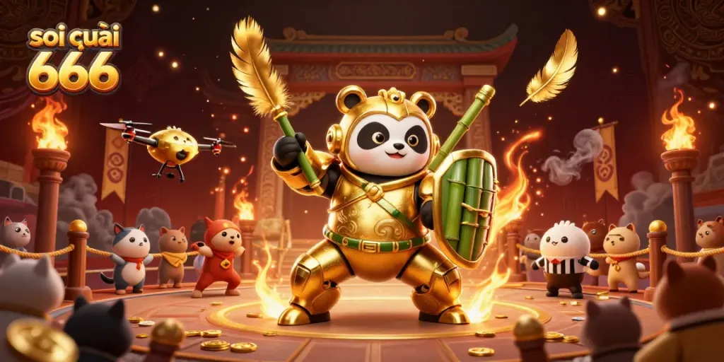 Soi cầu 666 showcases a dynamic betting arena featuring a golden panda in a mech suit, surrounded by cheering animals.