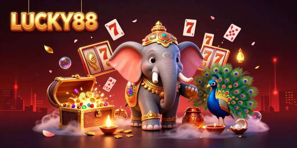 Win big with LUCKY88's vibrant casino scene featuring slots and festive characters.