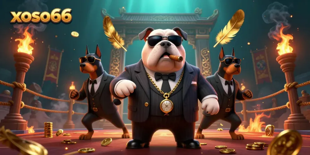 Experience the thrilling world of xoso66 with a mafia boss bulldog and two bodyguards surrounded by action-packed gambling elements.