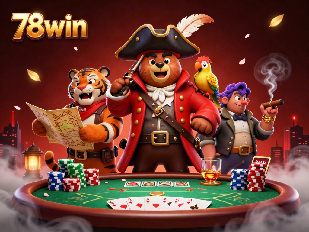 Experience excitement at 78win with an elaborate 3D casino scene, featuring vibrant poker elements.