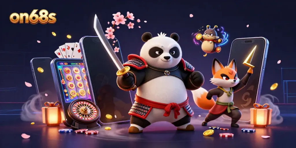 Experience thrilling action with on68s as a samurai panda, ninja fox, and spirit tanuki embody casino excitement.