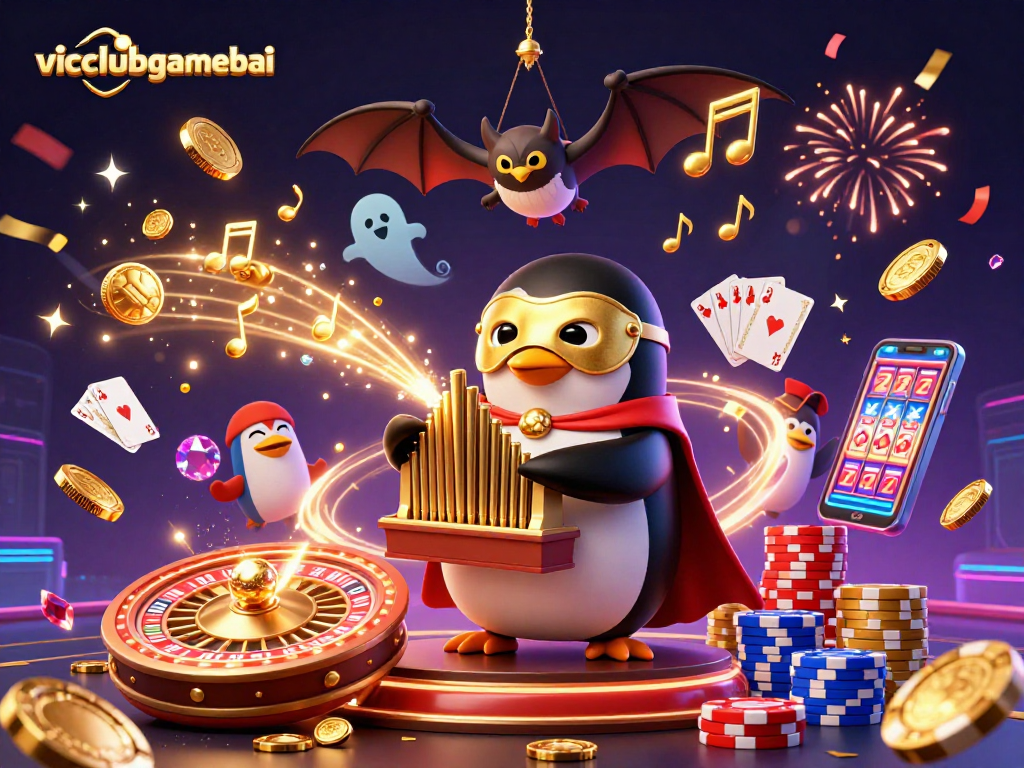 Experience thrilling gameplay at vicclubgamebai with a dynamic casino illustration featuring vibrant elements.