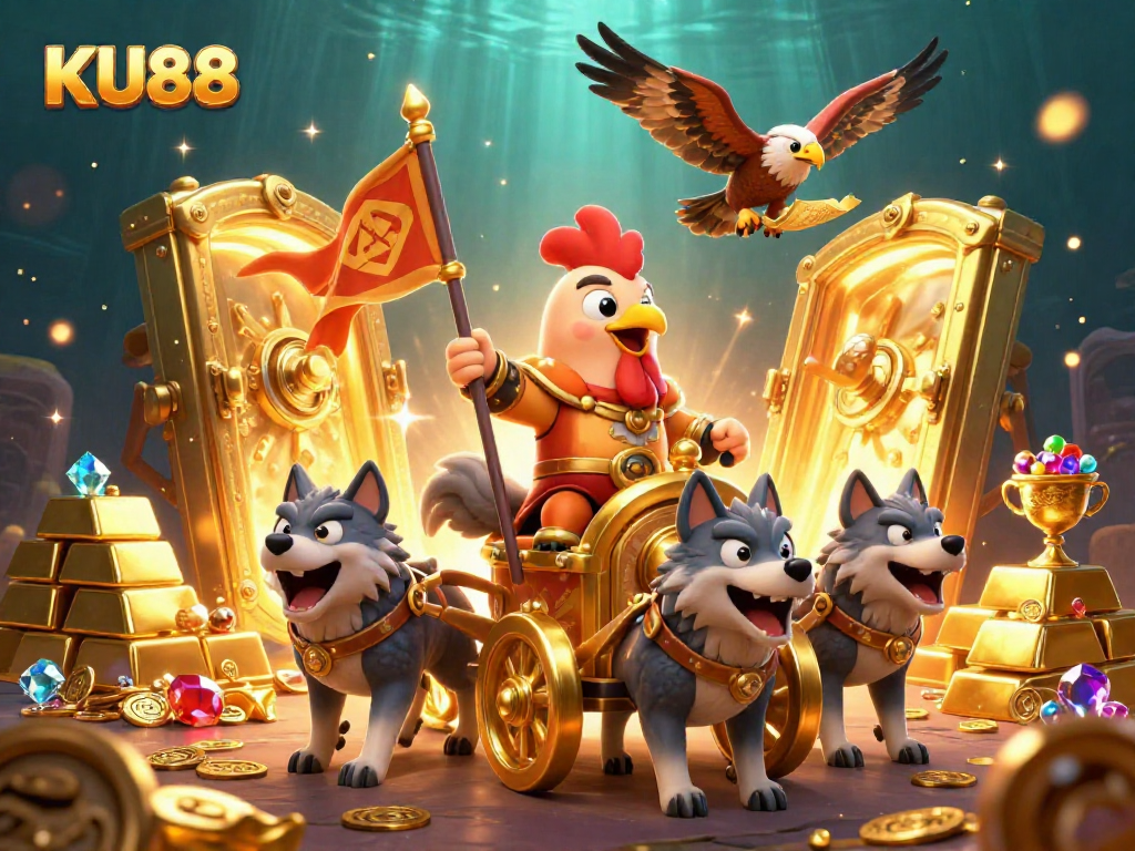 Experience thrilling gaming at KU88 with a 3D cartoon rooster warlord in a vibrant casino scene.
