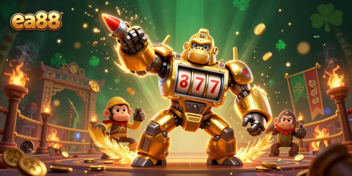 ea88 gaming experience featuring a dynamic golden gorilla mech amidst coins flying and energetic game elements.