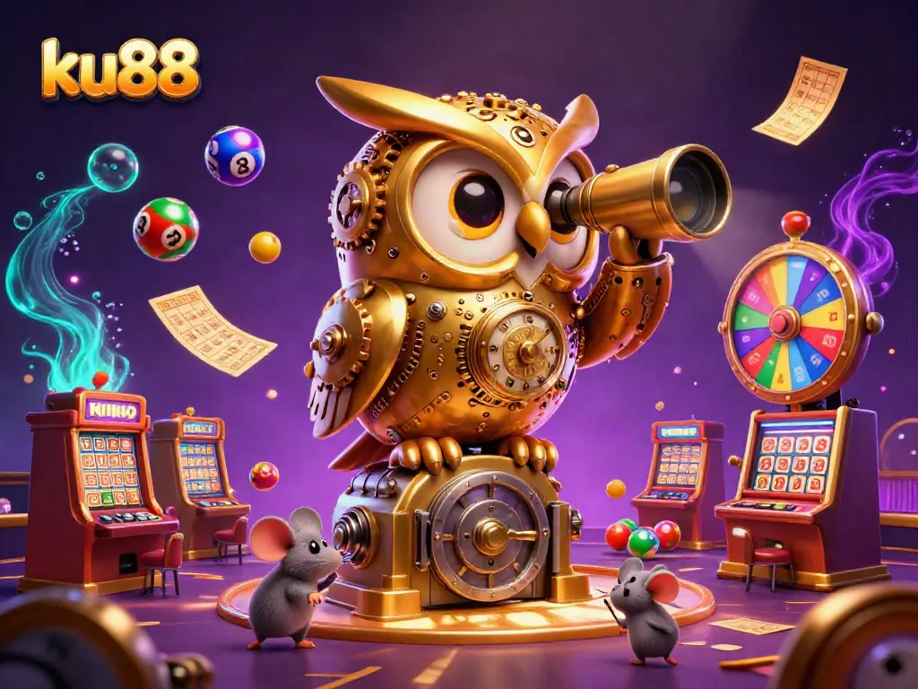 Celebrate exciting moments at ku88 with vibrant lottery balls and a golden clockwork owl illuminating the casino.