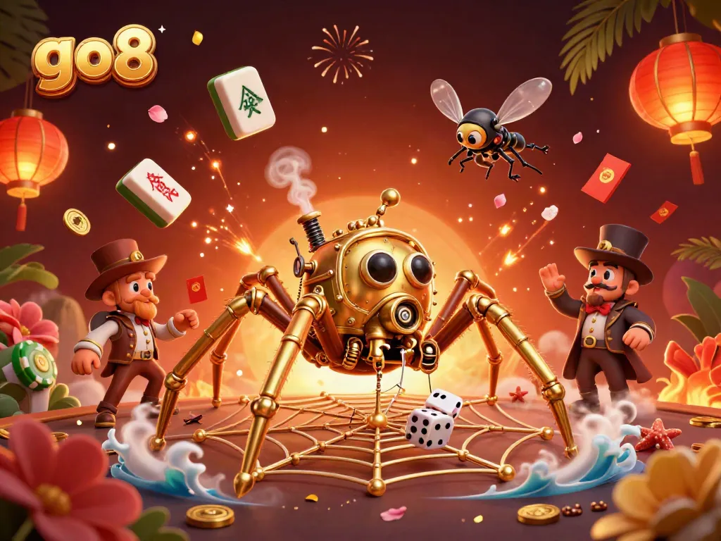 Experience go8's thrilling gaming adventure with steampunk spider and festive game elements.