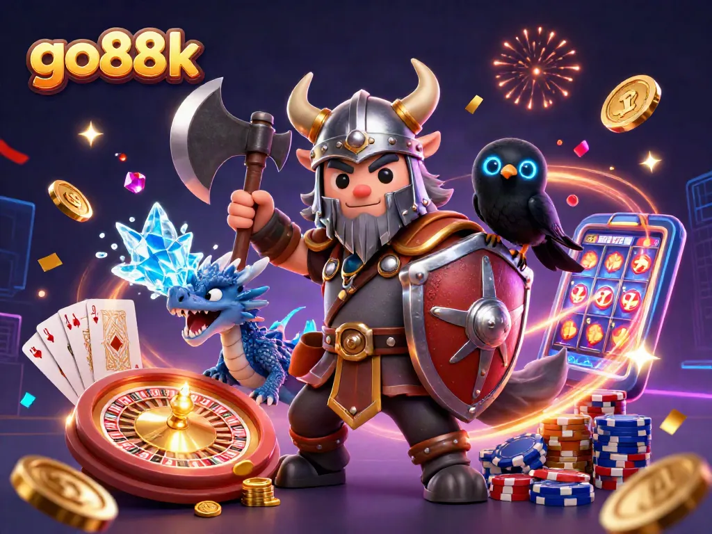Engage in thrilling gaming adventures with go88k's dynamic scene packed with characters and casino elements.