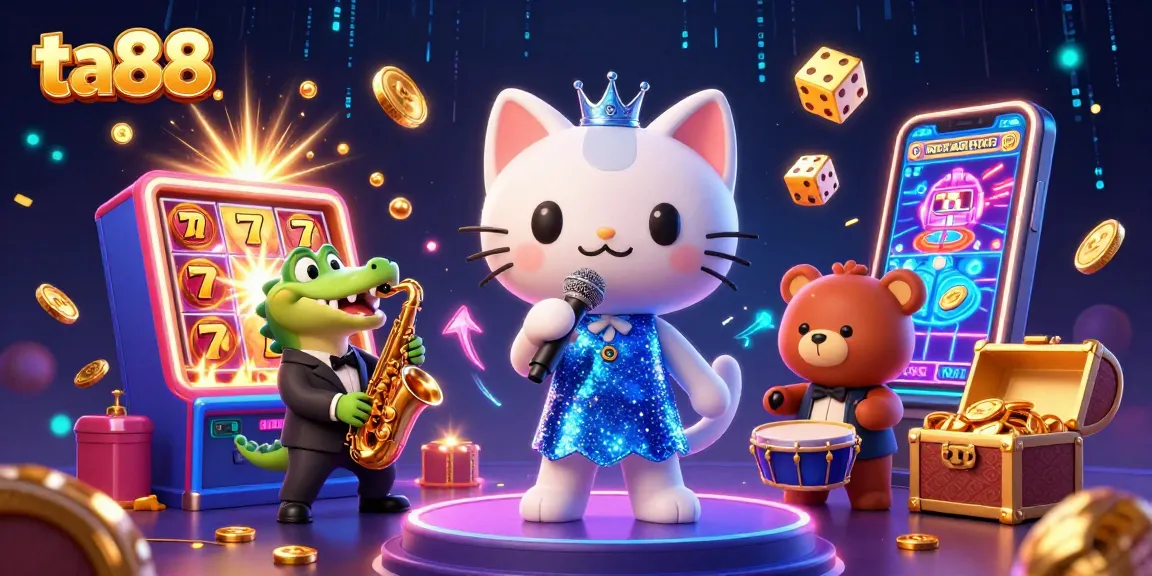 Engaging 3D illustration of ta88 with casino characters celebrating a jackpot in a vibrant setting.