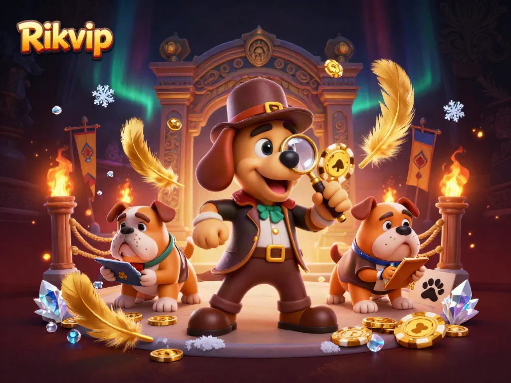 Engage with Rikvip in an energetic scene of a detective uncovering poker clues amidst vibrant casino elements.