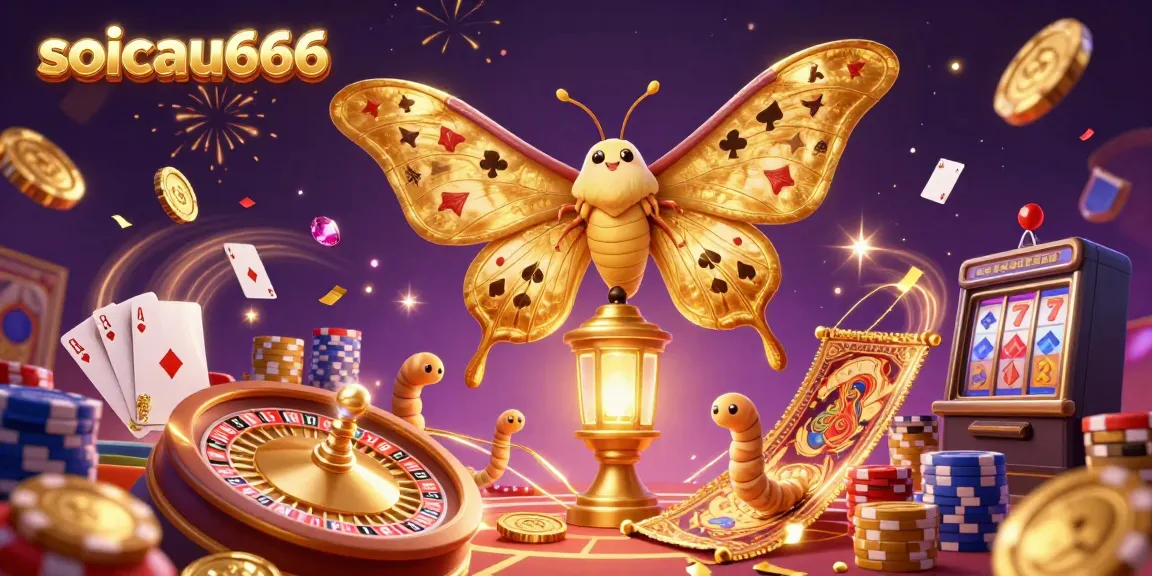 Engaging scene of soicau666 showcasing a golden-winged moth amidst a vibrant casino atmosphere filled with coins and cards.