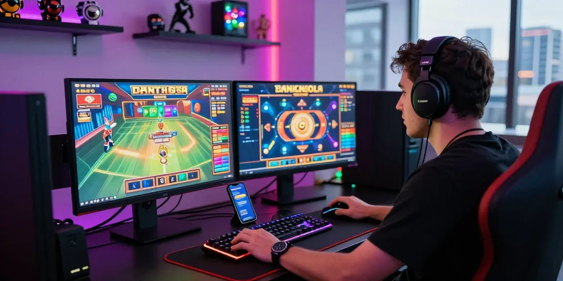 Engaged gamer experiencing pecah 404 error while playing online games in a vibrant digital setting