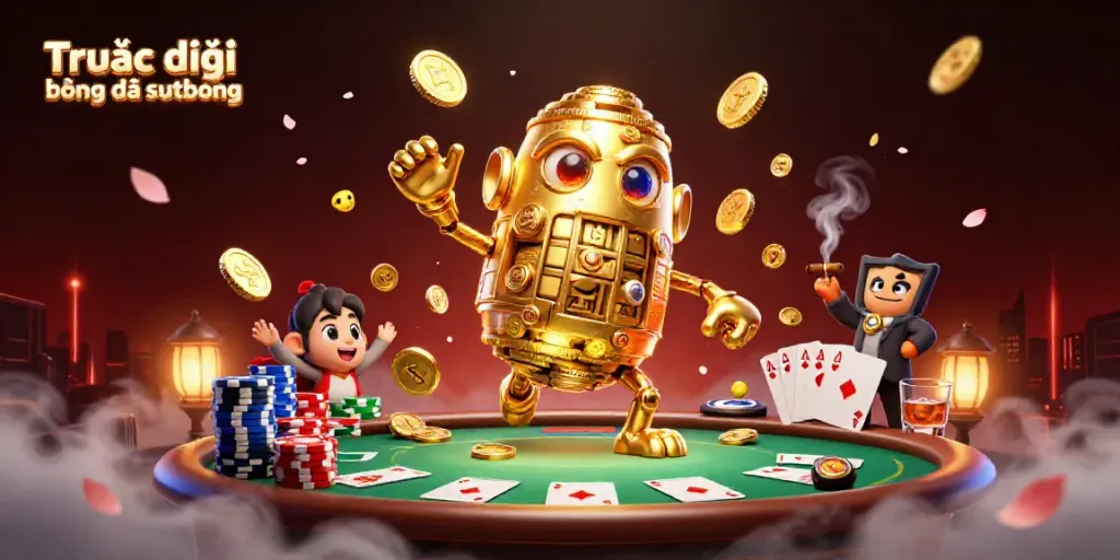 Experience Trực tiếp bóng đá sutbong with golden golem and poker elements in dynamic casino scene.