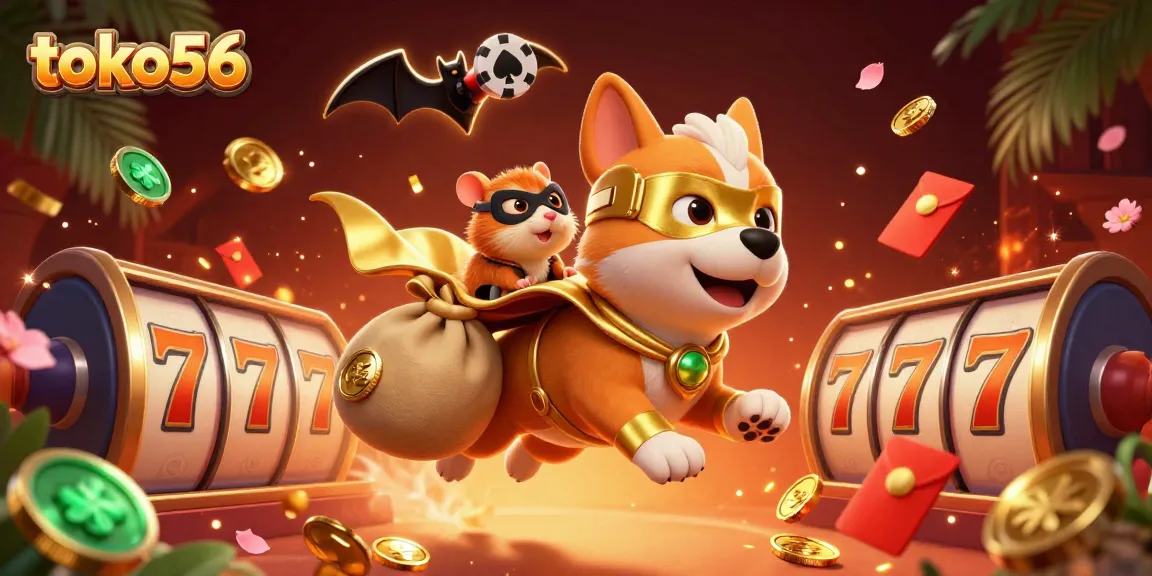 Experience thrilling gameplay with toko56 featuring a superhero-themed slots illustration packed with vibrant elements.
