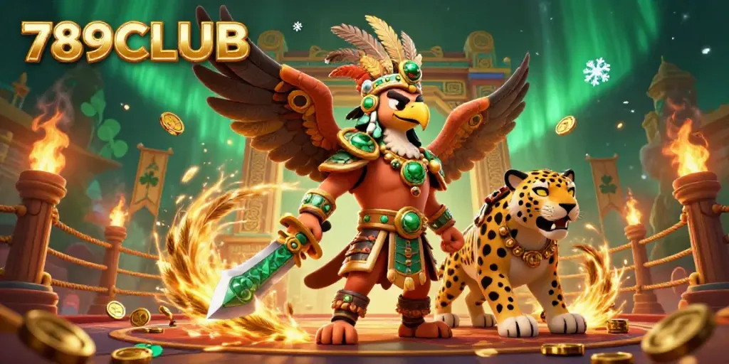 Engage in thrilling casino battles with 789CLUB in this vibrant 3D illustration featuring warriors and treasures.