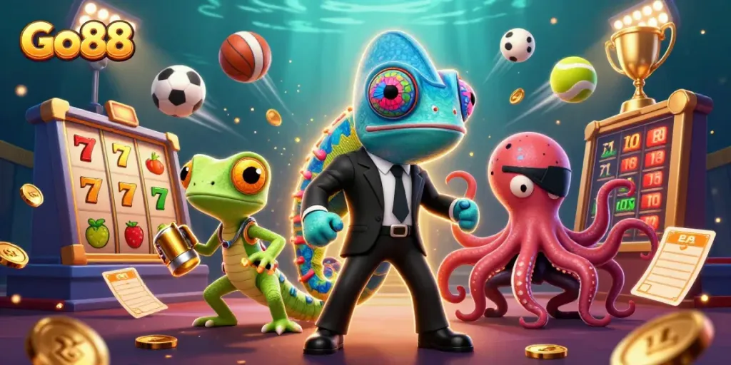 Experience Go88 with a vibrant scene of a secret agent chameleon and thrilling slot game elements.
