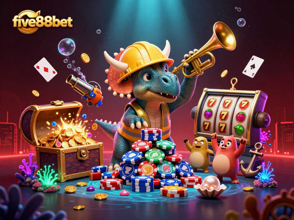 Experience five88bet's exciting world of gaming with a festive triceratops building poker chip pyramids!