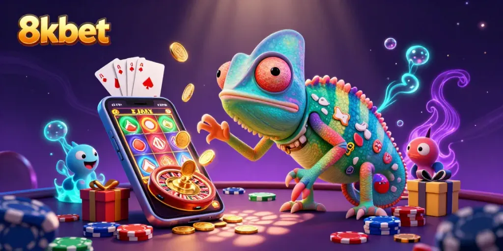 Engage in thrilling action at 8xbet with colorful slots, golden coins, and lively casino atmosphere.