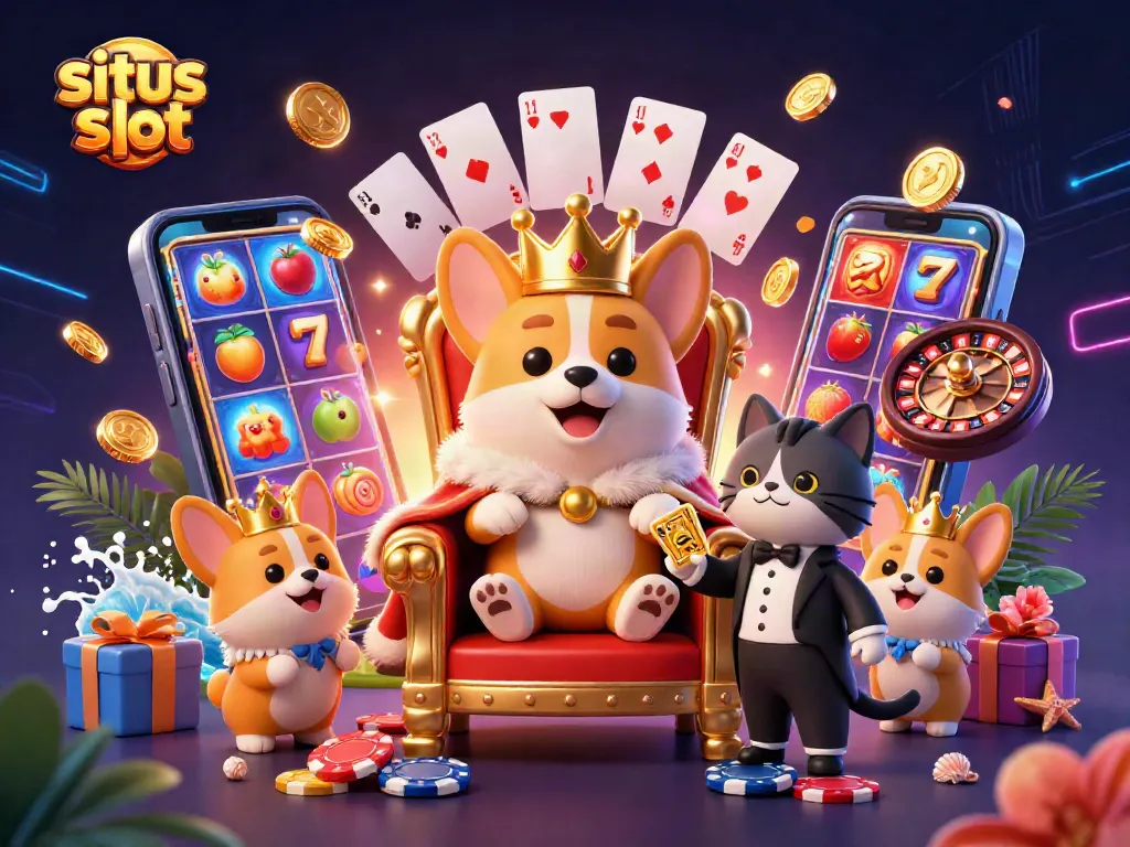 Situs slot gameplay illustration featuring a royal corgi and casino elements in an engaging scene.