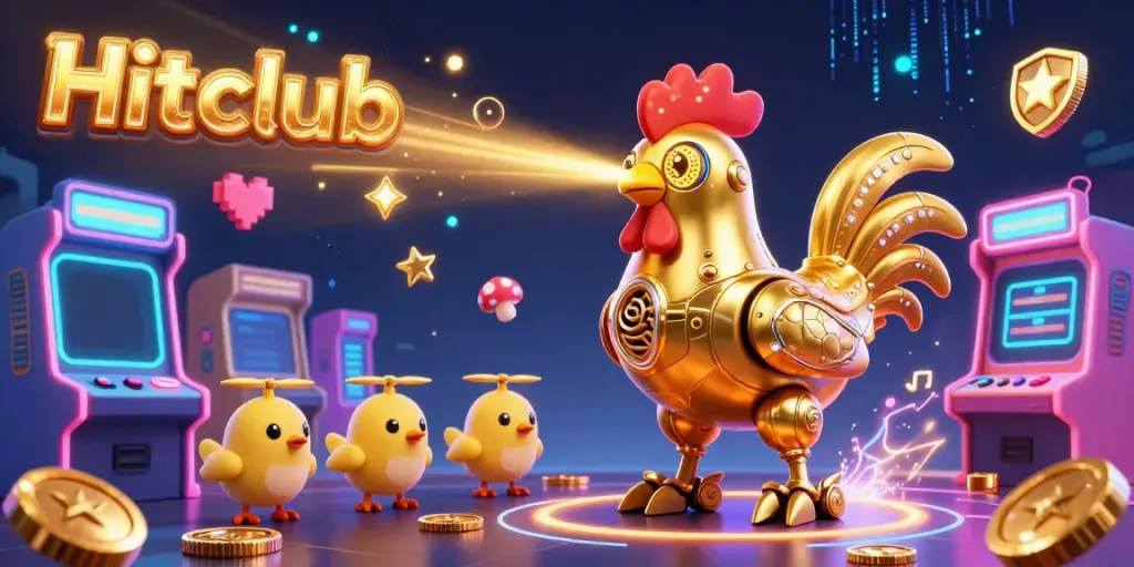 Hitclub features a golden rooster robot with laser eyes and baby chick drones in a vibrant casino game scene.