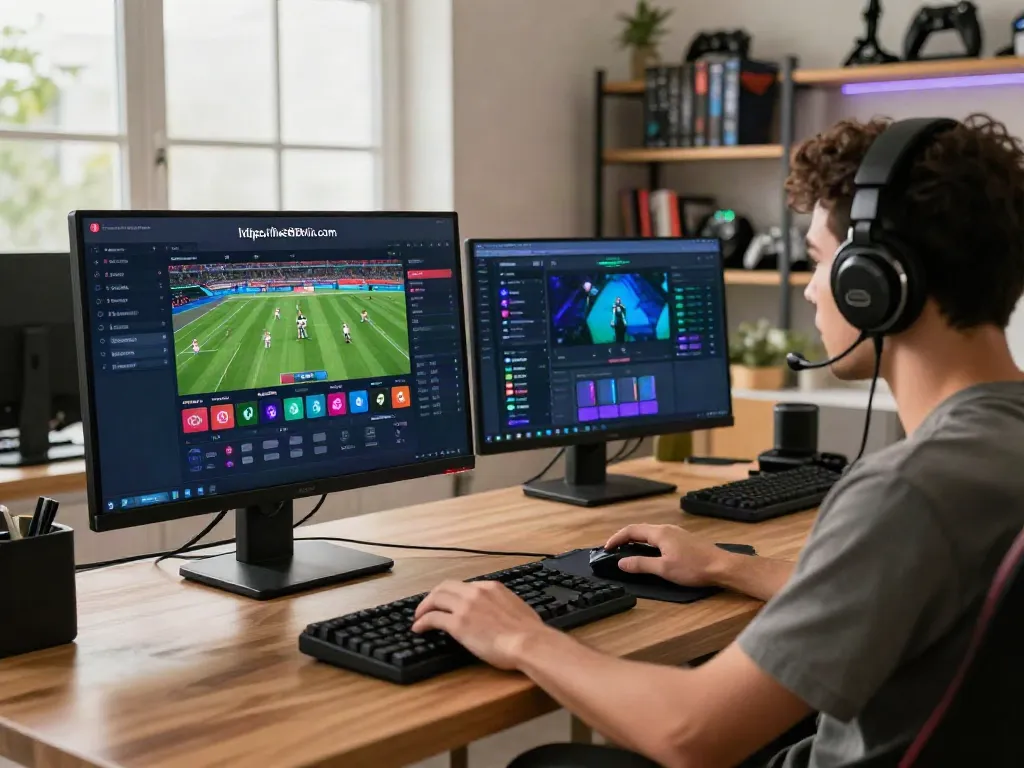 Player engaging in online gaming at https://five888vin.com/ with vibrant interface in a stylish home office.