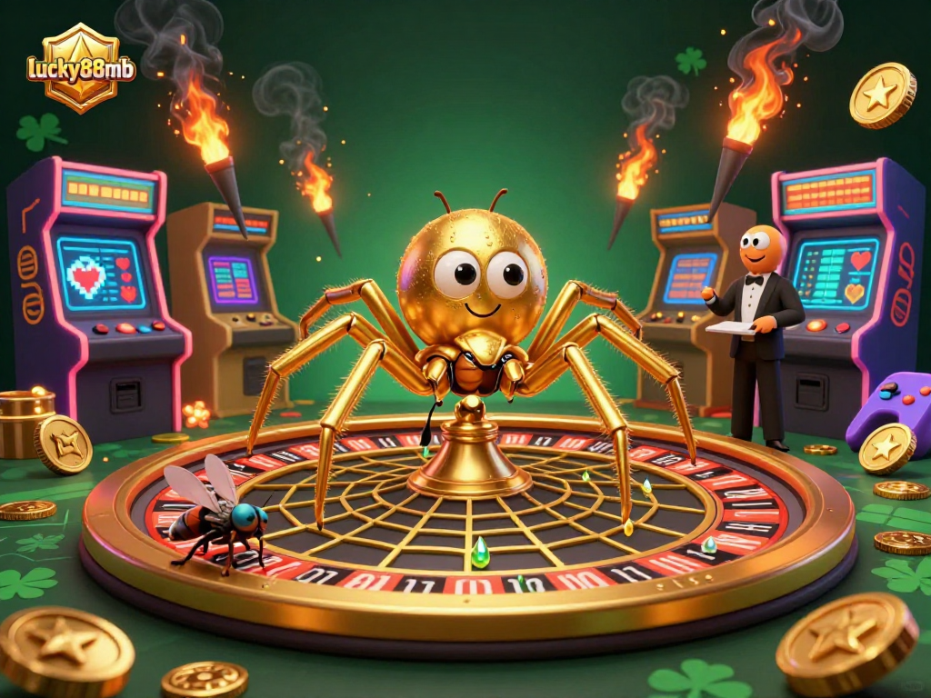 Engage with lucky88mb as the golden spider spins a roulette wheel web, creating a dynamic casino scene.