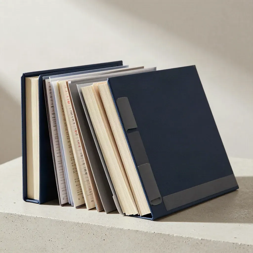 Granatowy binder kursu deliverability z ośmioma zakładkami na jasnym betonowym podeście.