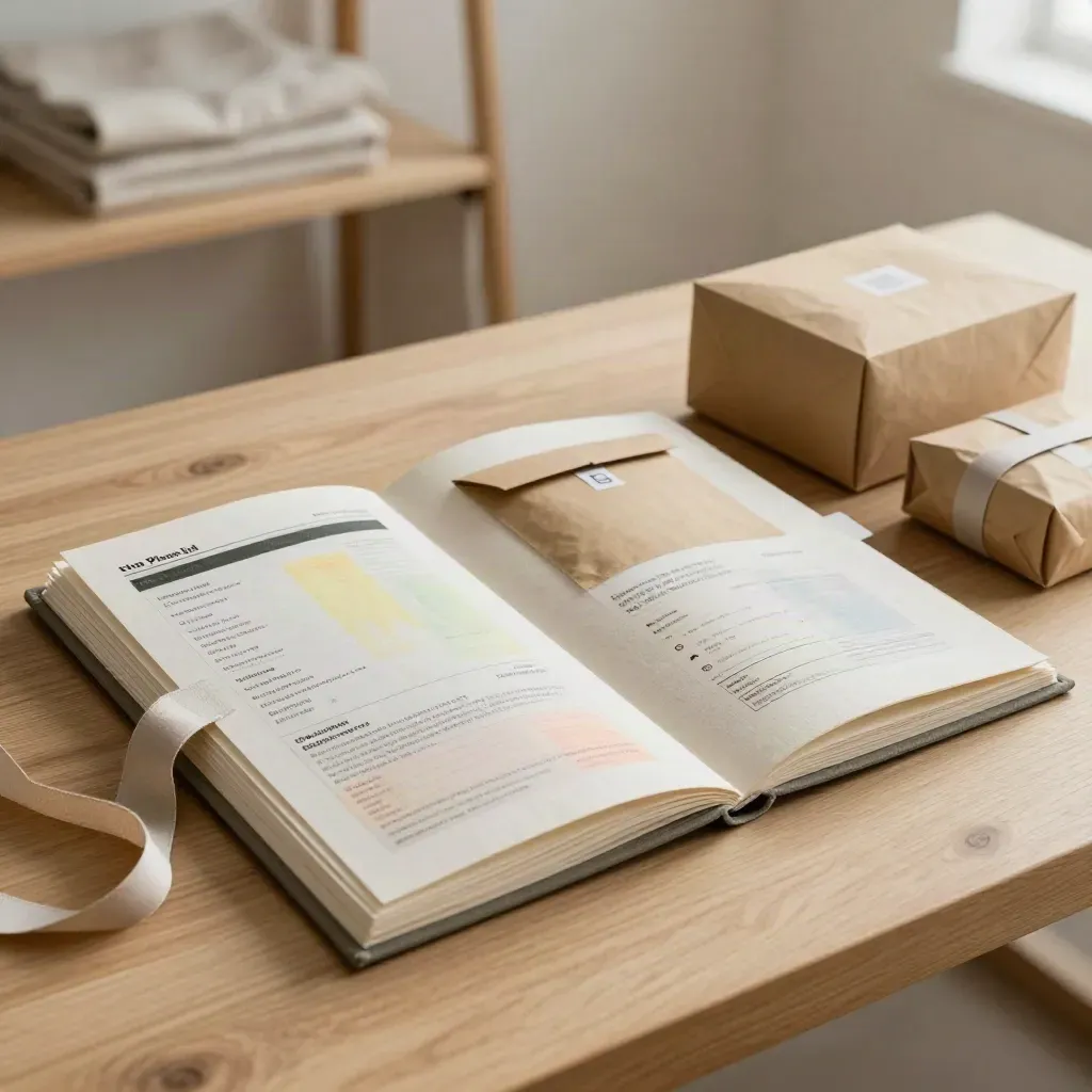 Lniany folder z materiałami do e-commerce, wstążką i paczkami na jasnym stole.