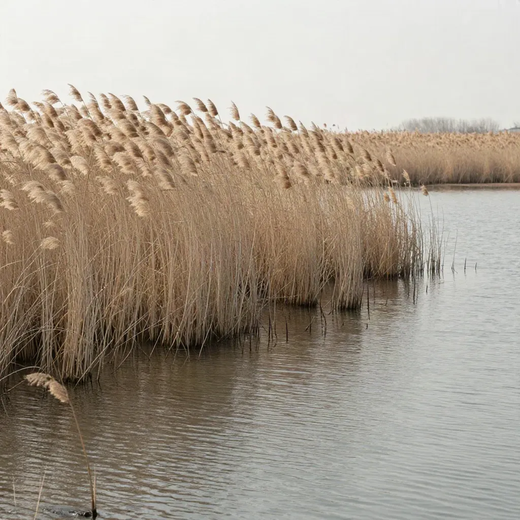 Jasne bagno trzcinowe z pochylonymi trawami i spokojną wodą w dole кадru.