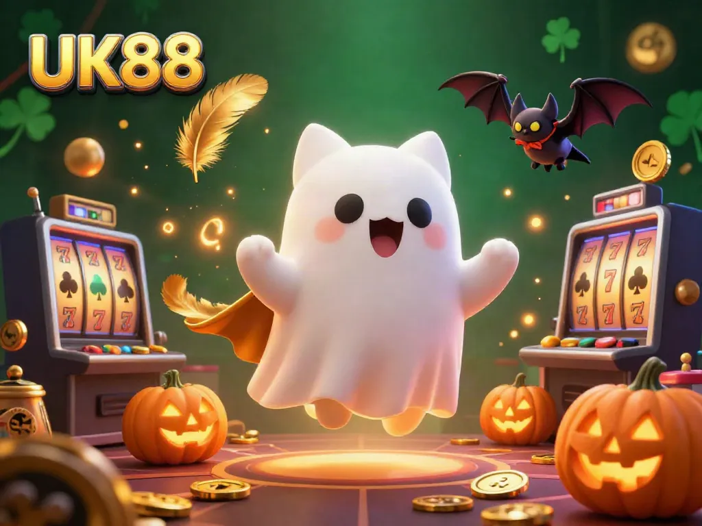 Engage with UK88's exciting casino adventures featuring a floating ghost cat and lively game elements.