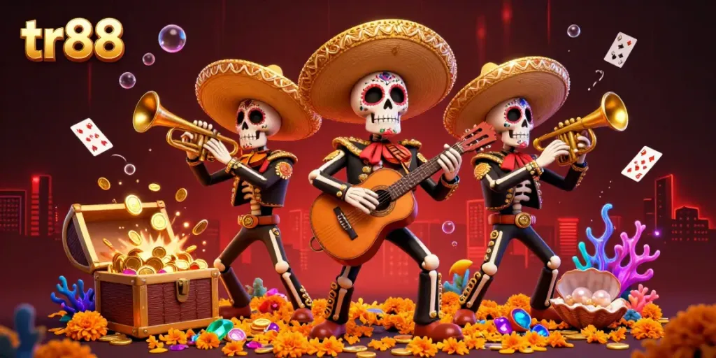 Engage in thrilling gameplay with tr88 as a vibrantly designed skeleton mariachi band surrounds underwater treasures.