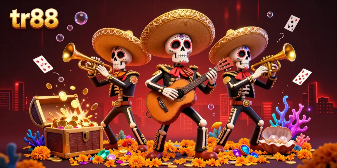 Engage in thrilling gameplay with tr88 as a vibrantly designed skeleton mariachi band surrounds underwater treasures.