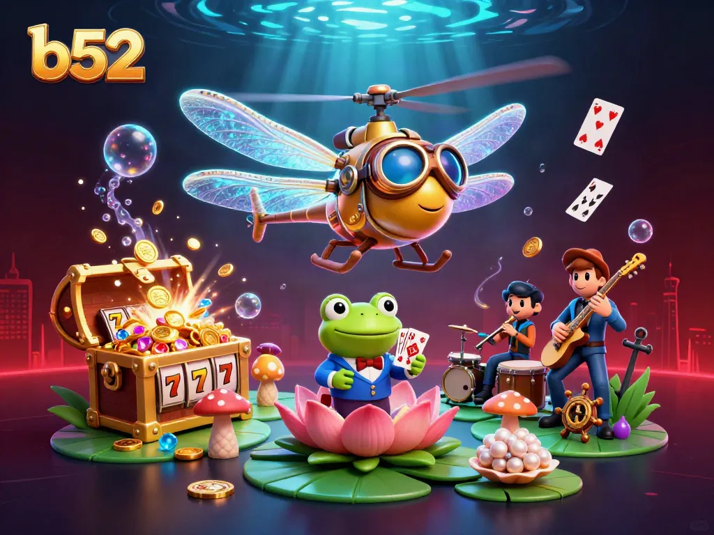 Experience thrilling b52 casino action with a vibrant dragonfly pilot and frog croupier in a lively underwater scene.