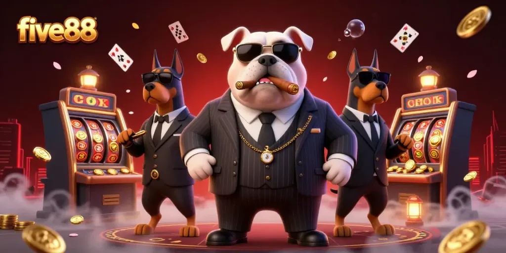 Engage with the thrill of slots at five88, featuring a dynamic cartoon mafia boss and vibrant casino elements.