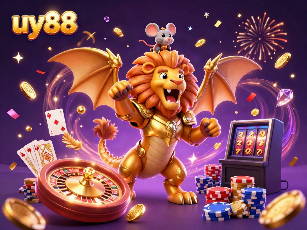 Experience the thrill of uy88's golden casino adventure with a roaring chimera, coins, and vibrant gaming elements.