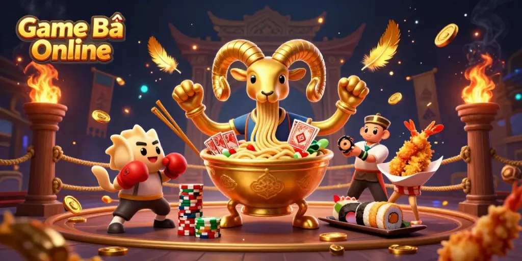 Experience intense gameplay with Game Bài Online, featuring vibrant 3D characters engaging in card battles and dynamic bets.