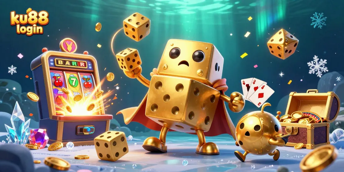 Experience the excitement of ku88 login with a vibrant 3D casino scene featuring golden dice and jackpot elements