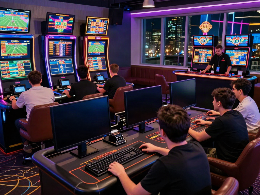 Engaging gaming scene at https://man881.jp.net/ with vibrant players and live sports betting screens.