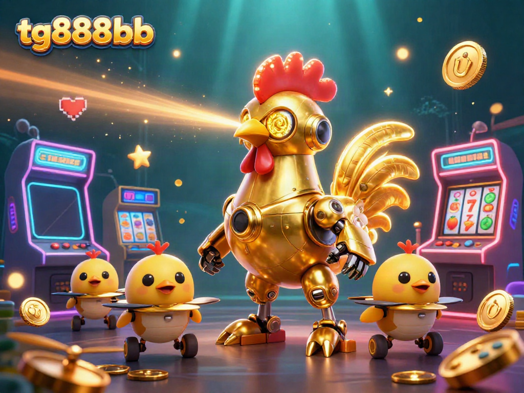 Engage in thrilling gameplay at tg888bb with a dynamic 3D illustration of a golden robot and arcade elements.