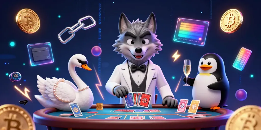 Experience the thrill of gaming at xoilactv, featuring a charismatic wolf and enchanting swan in a vibrant casino scene.