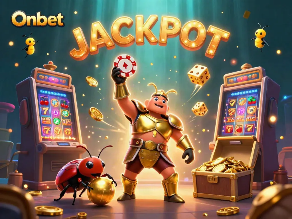 Onbet's hercules beetle celebrates a jackpot with vibrant casino elements and games all around.